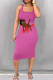 Pink Casual Print Patchwork Square Collar Wrapped Skirt Dresses
