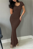 Coffee Casual Solid Basic V Neck Long Dresses