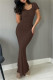 Coffee Casual Solid Basic V Neck Long Dresses