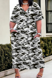 Blue Casual Camouflage Print Patchwork V Neck Straight Plus Size Dresses