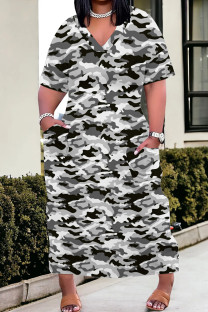 Gray White Casual Camouflage Print Patchwork V Neck Straight Plus Size Dresses