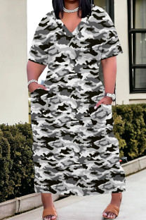 Gray White Casual Camouflage Print Patchwork V Neck Straight Plus Size Dresses