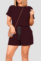 Black Red Casual Striped Patchwork Draw String Pocket O Neck Regular Rompers