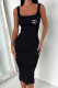 Black Sexy Simplicity Letter Print Backless Square Collar Wrapped Skirt Dresses