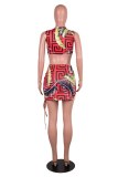 Red Sexy Print Hollowed Out Frenulum O Neck Sleeveless Two Pieces