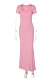 Grey Casual Solid Basic V Neck Long Dresses