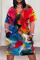 Red Blue Casual Print Patchwork Pocket V Neck Straight Plus Size Dresses