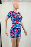 Multicolor Casual Print Patchwork O Neck Short Sleeve Two Pieces