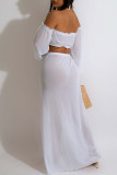 White Sexy Elegant Solid Patchwork See-through High Opening Fold Mesh Off the Shoulder Long Sleeve Two Pieces