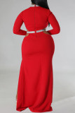 White Elegant Hollowed Out Patchwork High Opening Zipper O Neck Long Plus Size Dresses