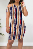 Light Color Casual Print Hollowed Out Patchwork O Neck Wrapped Skirt Dresses