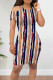Dark Blue Casual Print Hollowed Out Patchwork O Neck Wrapped Skirt Dresses