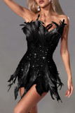 Red Sexy Solid Sequins Patchwork Feathers Zipper Strapless Wrapped Skirt Dresses