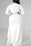 White Elegant Hollowed Out Patchwork High Opening Zipper O Neck Long Plus Size Dresses