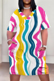 Multicolor Casual Print Patchwork Pocket V Neck Straight Plus Size Dresses
