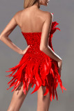 Red Sexy Solid Sequins Patchwork Feathers Zipper Strapless Wrapped Skirt Dresses