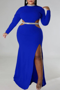 Colorful Blue Elegant Hollowed Out Patchwork High Opening Zipper O Neck Long Plus Size Dresses