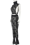 Black Sexy Solid Lace Hollowed Out Patchwork Turtleneck Sleeveless Two Pieces