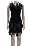 Red Sexy Solid Sequins Patchwork Feathers Zipper Strapless Wrapped Skirt Dresses