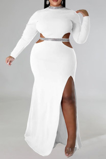 White Elegant Hollowed Out Patchwork High Opening Zipper O Neck Long Plus Size Dresses