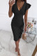 Black Elegant Solid Fold V Neck Pencil Skirt Dresses