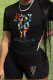 Black Casual Print Patchwork O Neck Short Sleeve Two Pieces