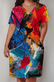 Multicolor Casual Print Patchwork Pocket V Neck Straight Plus Size Dresses