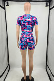 Multicolor Casual Print Patchwork O Neck Short Sleeve Two Pieces