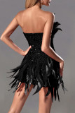Red Sexy Solid Sequins Patchwork Feathers Zipper Strapless Wrapped Skirt Dresses