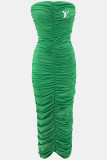 Green Sexy Letter Patchwork Fold Strapless One Step Skirt Dresses