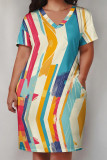 Multicolor Casual Print Patchwork Pocket V Neck Straight Plus Size Dresses