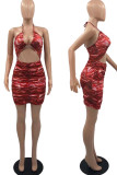 Red Sexy Print Bandage Hollowed Out Patchwork Backless Halter Wrapped Skirt Dresses