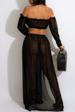 Black Sexy Elegant Solid Patchwork See-through High Opening Fold Mesh Off the Shoulder Long Sleeve Two Pieces