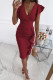 Burgundy Elegant Solid Fold V Neck Pencil Skirt Dresses