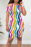 Light Color Casual Print Hollowed Out Patchwork O Neck Wrapped Skirt Dresses