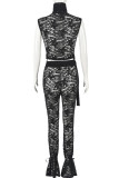 Black Sexy Solid Lace Hollowed Out Patchwork Turtleneck Sleeveless Two Pieces