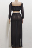 Black Sexy Elegant Solid Patchwork See-through High Opening Fold Mesh Off the Shoulder Long Sleeve Two Pieces