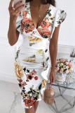 Colour Elegant Floral Flounce Fold V Neck Printed Dresses