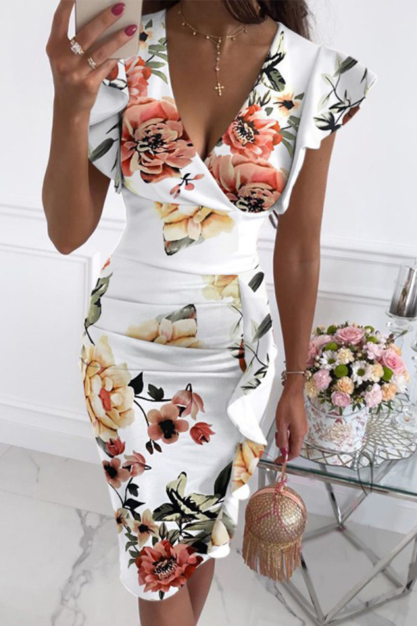 White Orange Elegant Floral Flounce Fold V Neck Printed Dresses