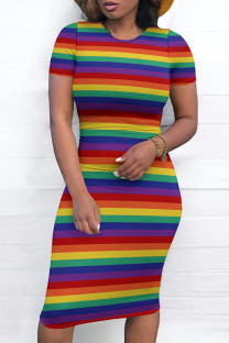 Rainbow Color Elegant Striped Color Block Patchwork O Neck Wrapped Skirt Dresses