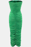 Green Sexy Letter Patchwork Fold Strapless One Step Skirt Dresses