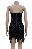 Red Sexy Solid Sequins Patchwork Feathers Zipper Strapless Wrapped Skirt Dresses