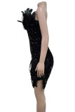Red Sexy Solid Sequins Patchwork Feathers Zipper Strapless Wrapped Skirt Dresses