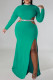 Green Elegant Hollowed Out Patchwork High Opening Zipper O Neck Long Plus Size Dresses