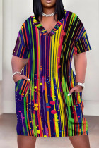 Multicolor Casual Print Patchwork Pocket V Neck Straight Plus Size Dresses