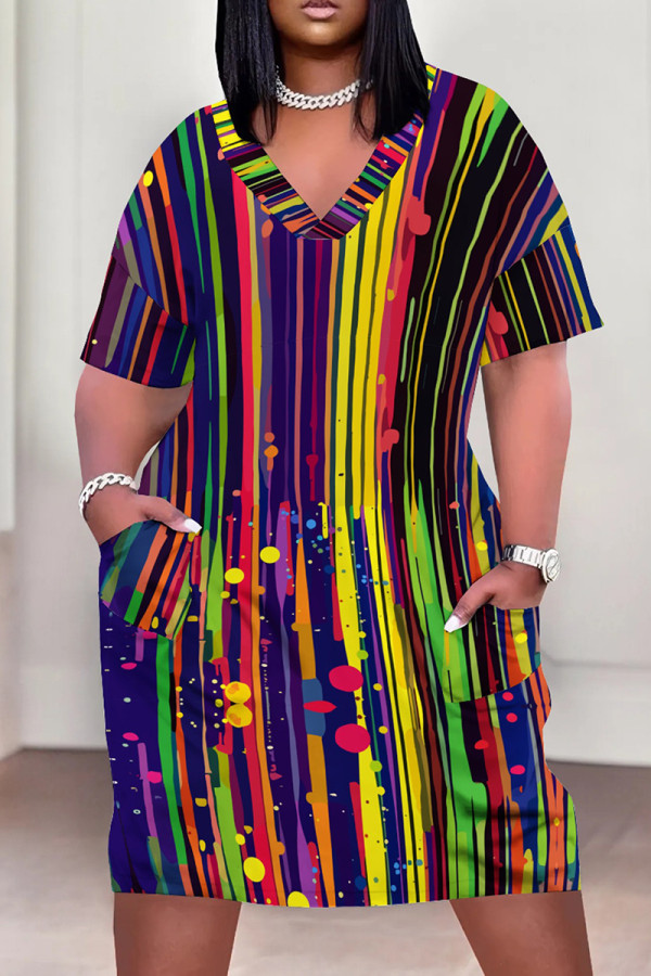 Multicolor Casual Print Patchwork Pocket V Neck Straight Plus Size Dresses