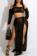 Black Sexy Elegant Solid Patchwork See-through High Opening Fold Mesh Off the Shoulder Long Sleeve Two Pieces