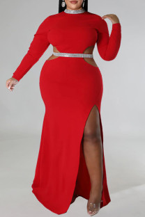 Red Elegant Hollowed Out Patchwork High Opening Zipper O Neck Long Plus Size Dresses