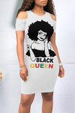 White Brown Casual Letter Print Flowers O Neck Printed Dresses