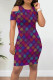 Purple Casual Print Hollowed Out Patchwork O Neck Wrapped Skirt Dresses